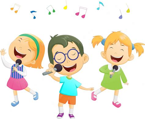 Feliz De Dibujos Animados Niños Y Niñas Cantando Vector Premium