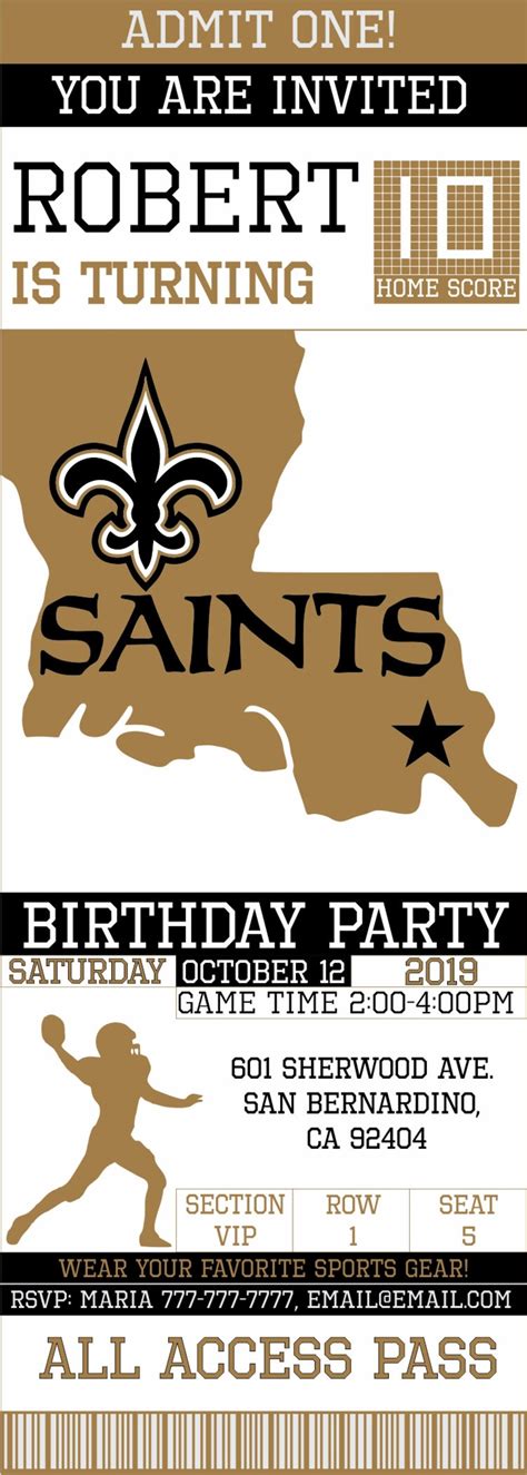 New Orleans Saints Birthday Invitation Ticket Invitation Etsy