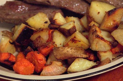 Flip roast, fat side down and make ½ inch slices ¾ of the way down, from top to bottom, leaving fatty surface intact. Carrots And Potatoes Roasted W Onion And Garlic Recipe - Food.com