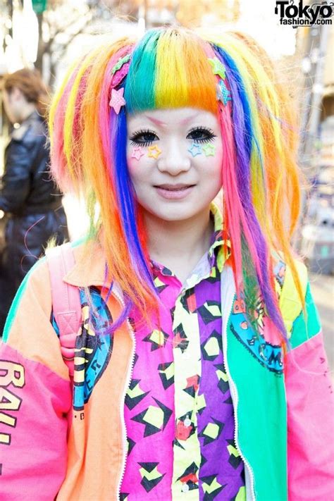 Awesome Rainbow Colored Hair With Pretty Stars Harajuku Decora