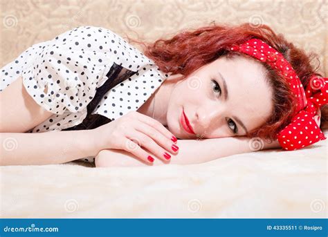Picture Of Sensual Red Haired Young Woman Beautiful Pinup Girl Having Fun Relaxing Lying In Bed