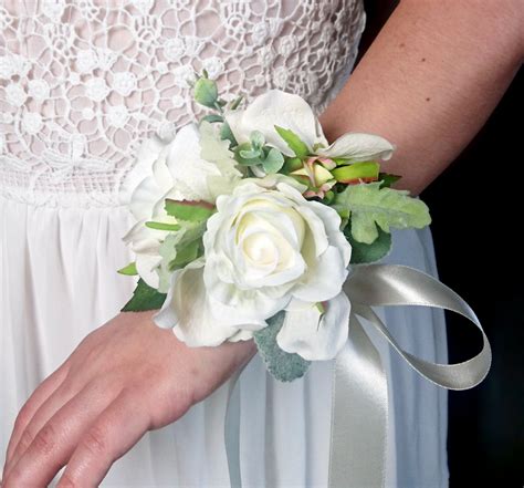 wedding wrist corsage realistic silk flowers roses dusty etsy