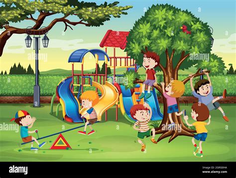 Many Children Playing In The Park Stock Vector Image And Art Alamy