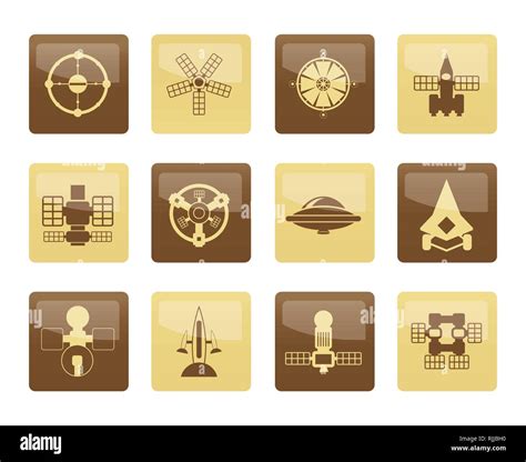 Different Kinds Of Future Spacecraft Icons Over Brown Background