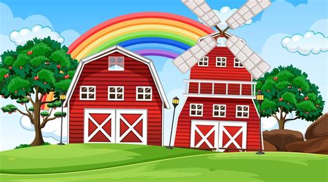 Farm Landscape Scene With Barn And Windmill 2906649 Vector Art At Vecteezy