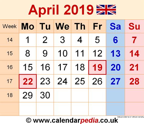 Calendar April 2019 Uk With Excel Word And Pdf Templates