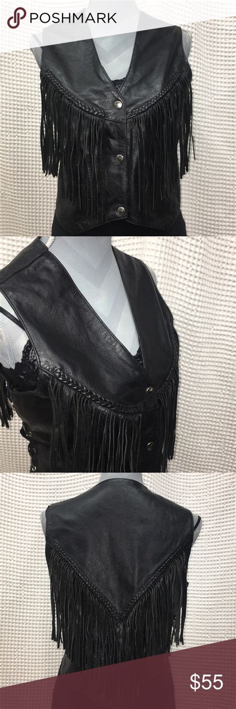Black Leather Vest With Fringe Sz Large Black Leather Vest Leather Vest Black Leather