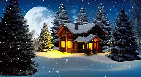 Winter Cottage On Full Moon Night