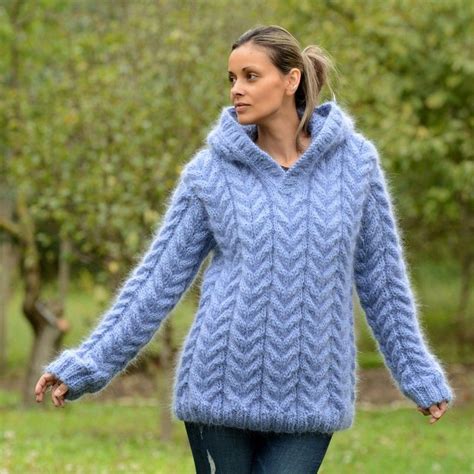 Light Blue Cable Hand Knit Mohair Sweater Hooded By Extravagantza