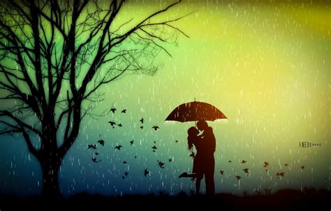 Wallpaper Autumn Leaves Love Rain Tree Mood Romance Umbrella