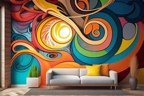 Stylish Interior With Beautiful Abstract Painting In Vivid Rainbow