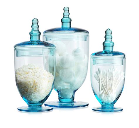 Hc Elegant Blue Set Of 3 Glass Apothecary Jars With Lid High Glass Canister Home Decor