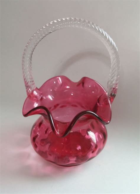 Vintage Fenton Art Glass Cranberry Brides’ Basket Clear Handle Ruffled Vase Red Glass Fenton