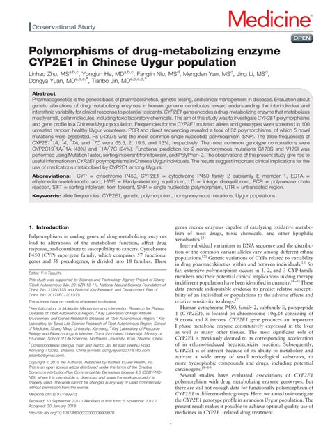PDF Polymorphisms Of Drug Metabolizing Enzyme CYP2E1 In Chinese Uygur