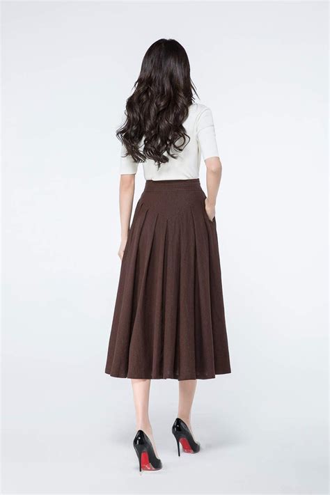 Brown Pleated Linen Midi Skirt A Line Skirt Womens Circle Etsy