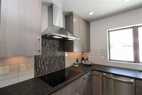 Rental friendly kitchen makeover pt. Gray Tiled Kitchen Backsplash with Black Mosaic Tile ...