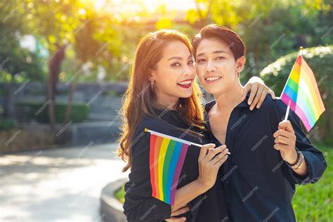 Premium Photo Portrait Lgbt Asian Female Couple Lover With Lgbtq Rainbow Flag Happy Smile For