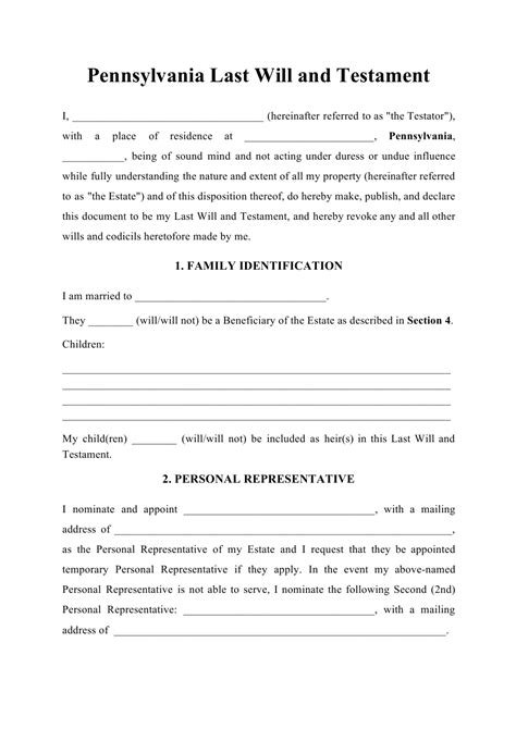 Last will and testaments outline asset distribution, child guardianship, and more. Pennsylvania Last Will and Testament Download Printable ...