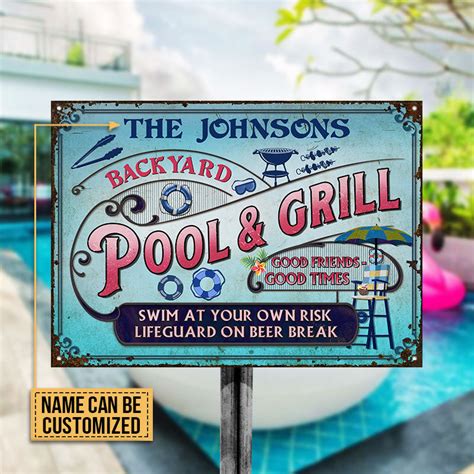 Personalized Pool Grilling Backyard At Your Own Risk Pink Blue Custom