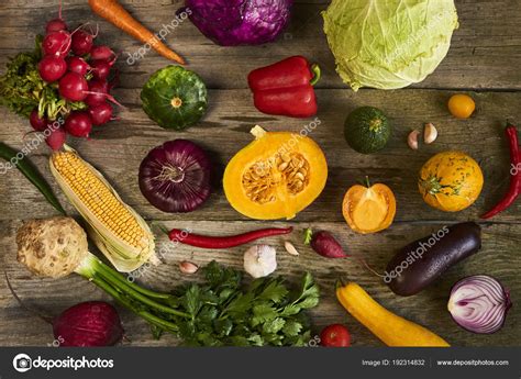 Assortment Fresh Fruits Vegetables Wooden Background Stock Photo By