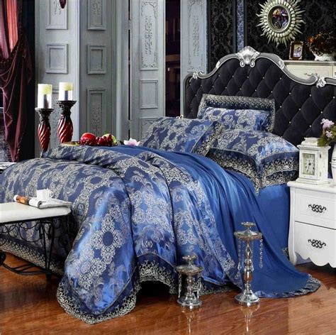 Luxury Lace Royal Blue Bedding Set 4pcs King Queen Size Jacquard