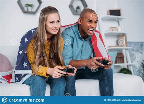 Multicultural Couple Playing Video Game Stock Photo Image Of People