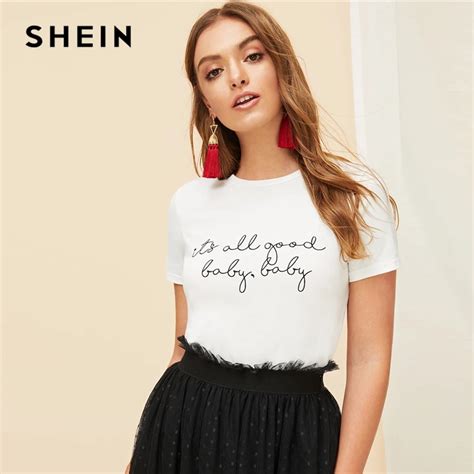 Aliexpress Com Buy SHEIN White Slogan Letter Print Solid Slim Fitted Tee Short Sleeve Round