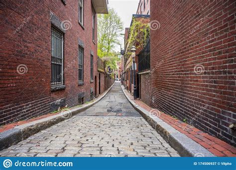 Narrow Cobblestone Street With Brick Houses Of Old Boston Stock Image
