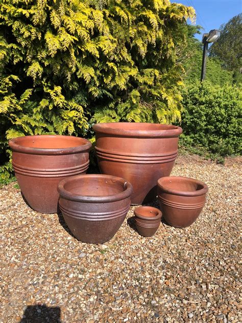 Very Large Terracotta Pots With Ribbed Detail