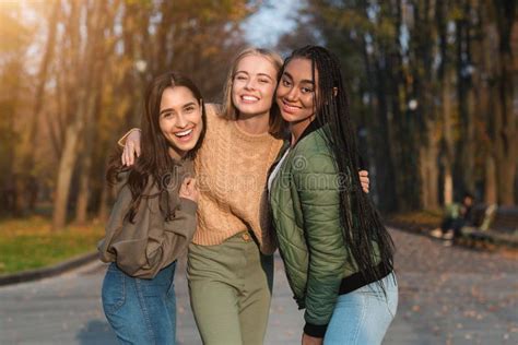 Trio Of Pretty Teen Girls Posing In Public Park Stock Image Image Of