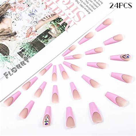 Florry Pink Press On Nails Coffin Extra Long Fake Nails French Ballerina Acrylic Nails Super