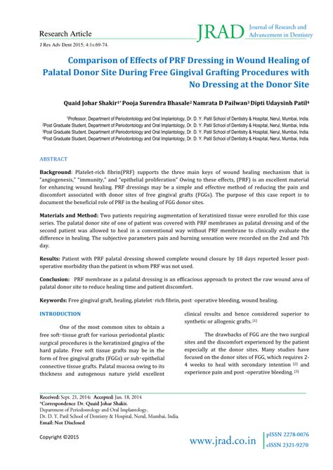 Pdf Comparison Of Effects Of Prf Dressing In Wound Healing Of Palatal