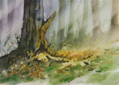 Forest Landscape Watercolor Painting Afternoon Tree Trunk Novica