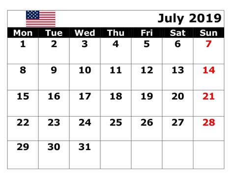 July 2019 Holidays Calendar