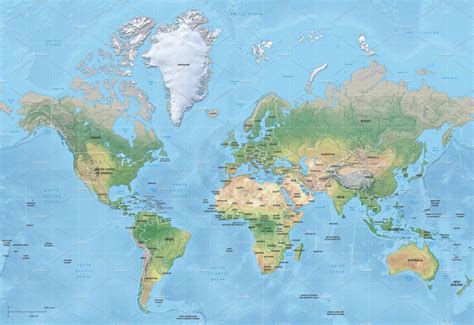 Vector Map Of World Relief Mercator Graphics Creative Market