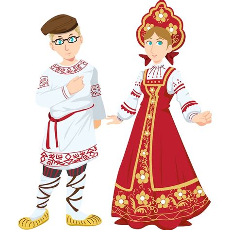 Русский мужчина и женщина в традиционной одежде изолированные на белом