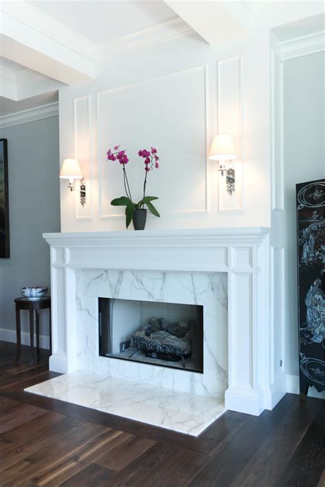 Striking Marble Fireplace In Transitional Living Room Home Fireplace