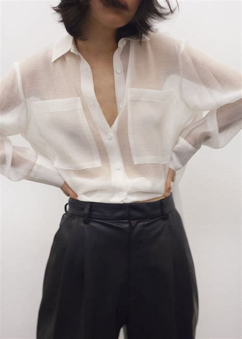 Off White Sheer Button Blouse Sheer Blouse Outfit Sheer Shirt Outfits White Shirts Women