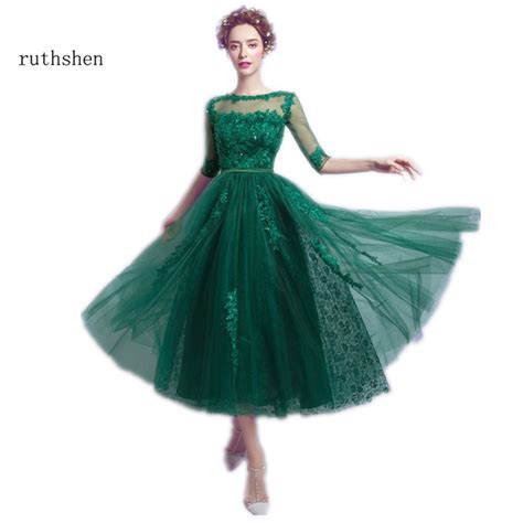 Ruthshen Emerald Green Prom Dresses 2020 Cheap Half Sleeves Lace