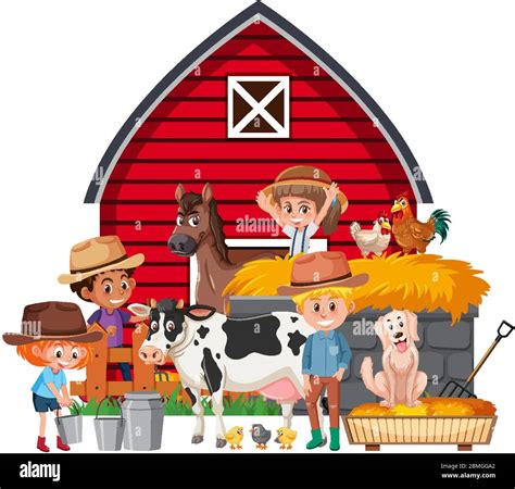 Scene With Farmers And Many Animals On The Farm Illustration Stock