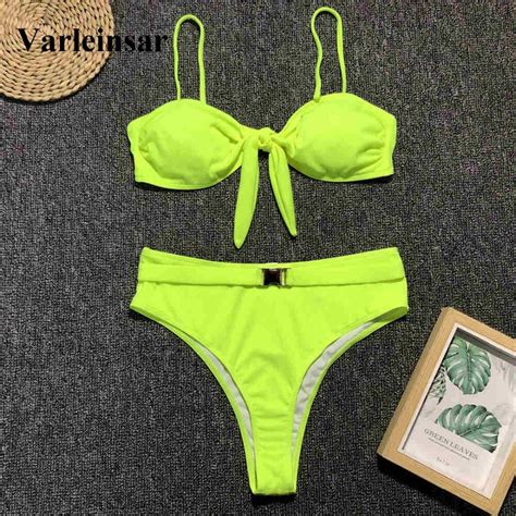 Neon Green Ribbed Swimsuit Female High Waist Bikini 2019 Women Swimwear Two Pieces Bikini Set
