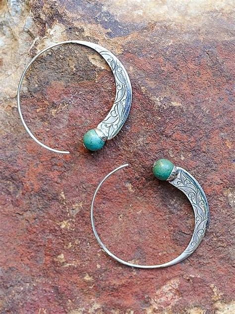 Antique Solid Sterling Silver Natural Gemstone Turquoise Hoop