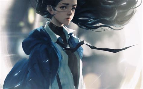 Anime Girl Black Hair Sad Expression Semi Realistic Beautiful Long