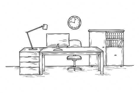 Hand Drawn Office Sketch Desk With Background Graphics ~ Creative Market