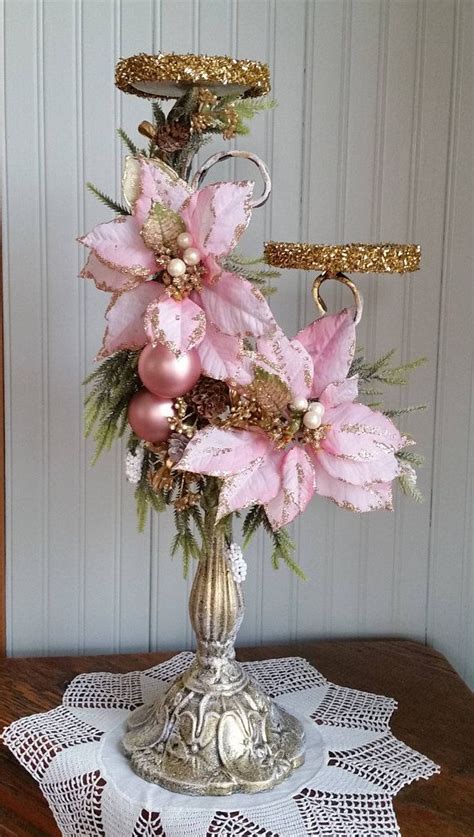 Pink Poinsettia Christmas Pillar Candle Holder 20 Centerpiece Shabby