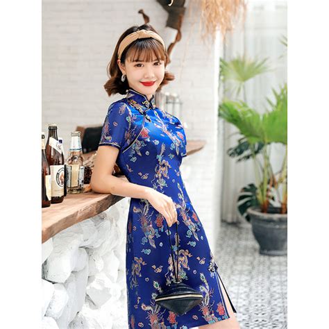 Navy Blue Traditional Chinese Classic Dress Womens Satin Mini Qipao Summer Sexy Vintage