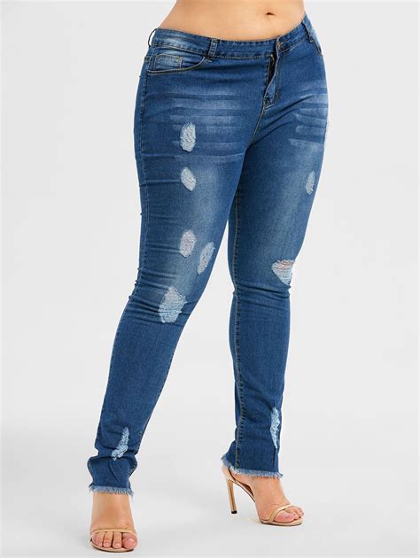 17 Off 2021 Plus Size Ripped Denim Jeans In Denim Dark Blue Dresslily
