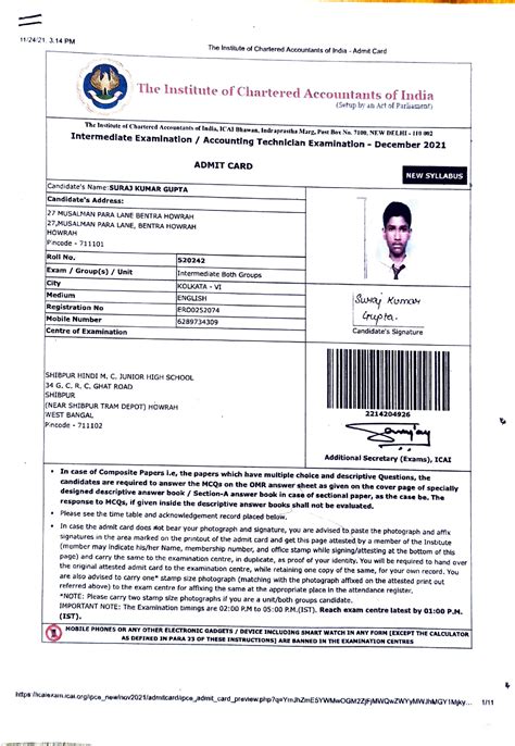 Admit Card Of My Previous Exam 11 24 21 3 PM The Instiute Of