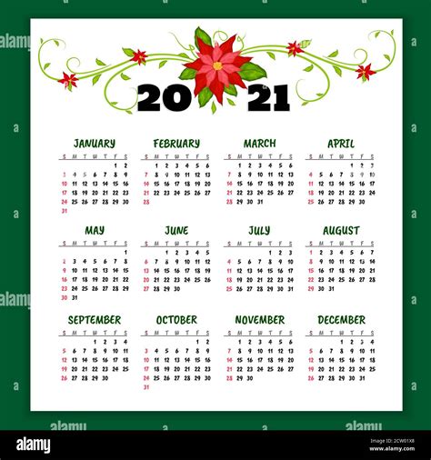 Vector Calendar 2021 Year With Flowers Of Poinsettia Week Starts From