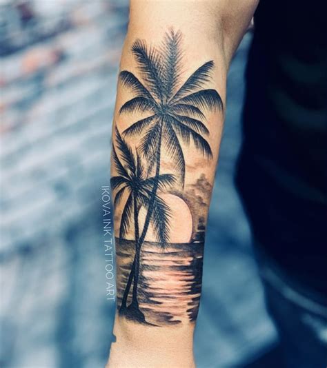 Beach Tattoo Sleeve By IKOVA TATTOO Forearm Band Tattoos Palm Tattoos Sunset Tattoos